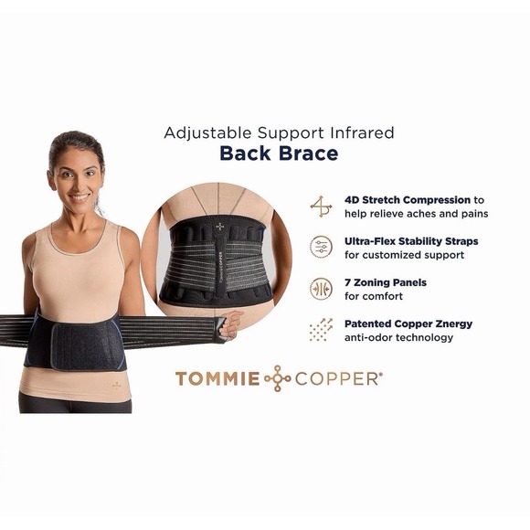 Tommie Copper Adjustable Compression Back Brace Black Large XL Unisex Infrared - Picture 2 of 13